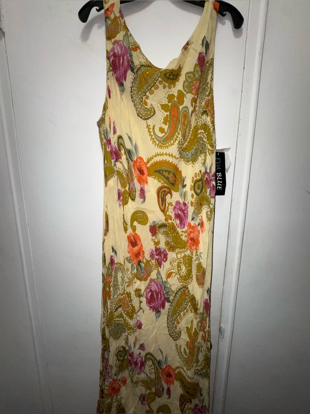 NWT 2000s Eva Blue Y2K Floral Paisley Spaghetti-Strap Dress in Cream and Olive
